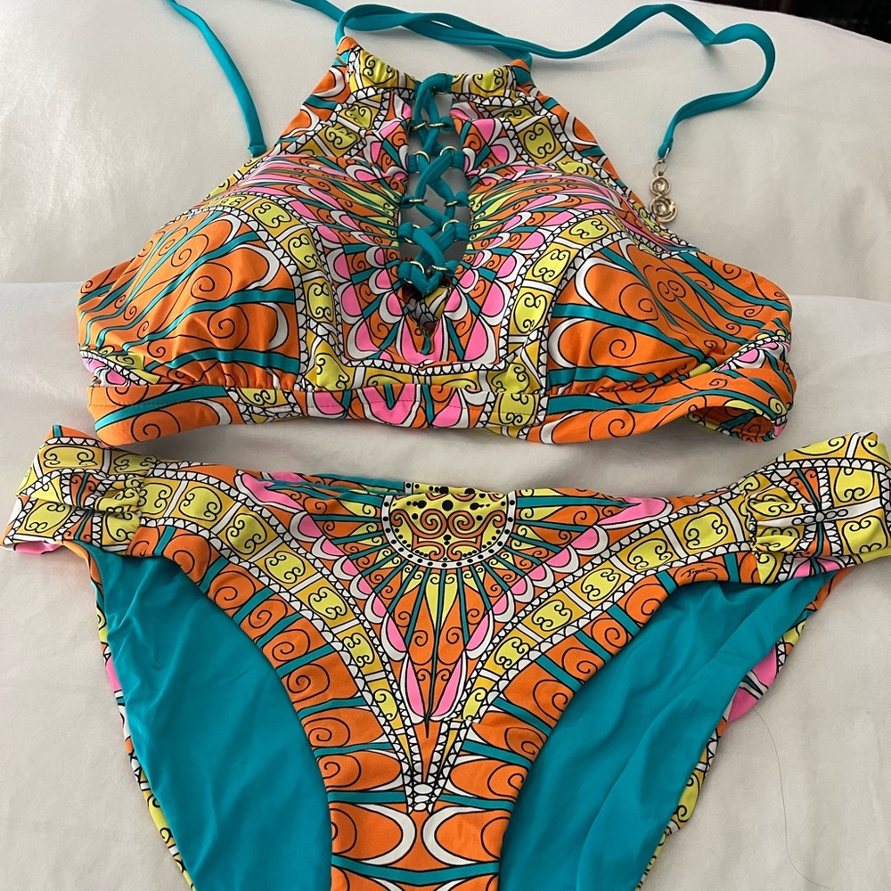 Trina Turk Capri Bikini Top High Neck with Bikini Bottom orange sherbet. Size 12